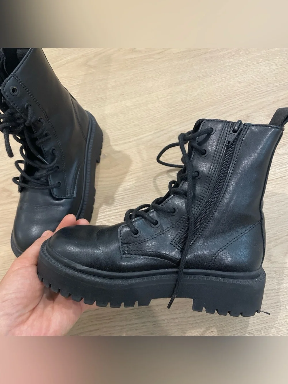 Zara Black Lace-Up Kids Combat Boots with Side Zip